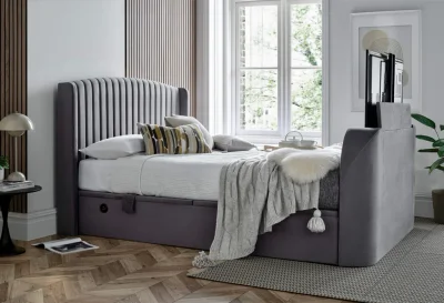 Essence Ottoman Storage TV Bed in Grey Velvet - Superking