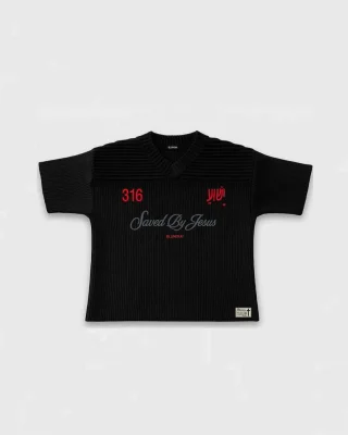 "SAVED BY JESUS" -  BLACK KNIT JERSEY