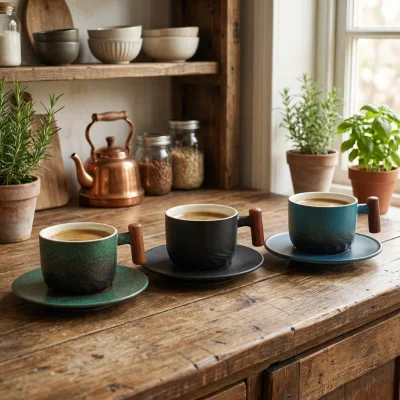 Vintage Coffee Cups With Wooden Handle