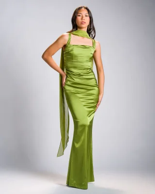 'Bea' Corset Charmeuse Satin Gown with Chiffon Scarf (Chartreuse Green)