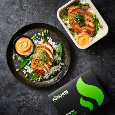 Bang bang chicken with White Rice & Mangetout