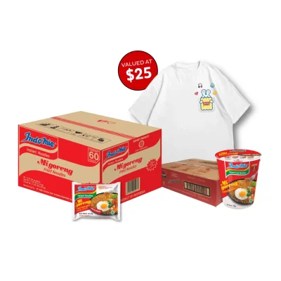 Bundle Indomie Mi Goreng Noodles (60 Packs) + Indomie Cup Noodles (12 Cups) + Indomie T-Shirt