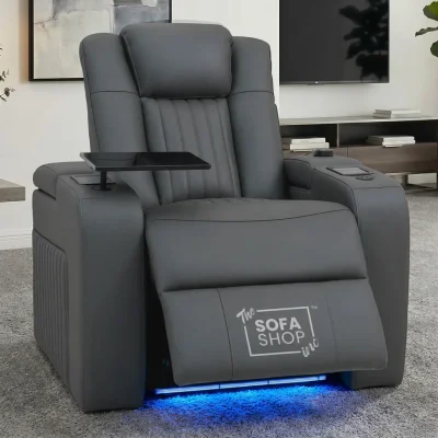 Electric Recliner Cinema Chair in Grey Genuine Leather | Hi-Tech Armchair With Massage, Heated Lumbar, Heating & Cooling Cup Holders & Power Headrest | Capri | The Sofa Shop