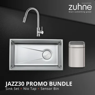BUNDLE DEAL: Jazz 2-Ledge Scratch-Resist Workstation Kitchen Sink with Nio Faucet and Qube 9L Sensor Bin