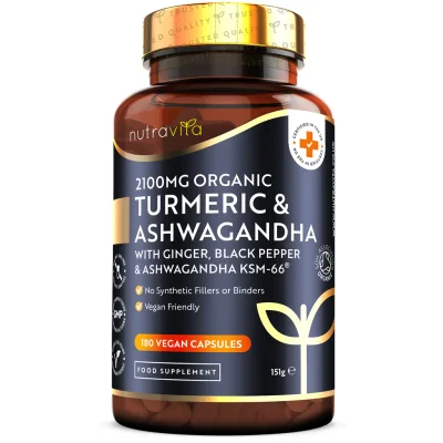 Organic Turmeric 2100mg & Ashwagandha KSM-66 ® with Ginger & Black Pepper - 180 Vegan Capsules - NLR