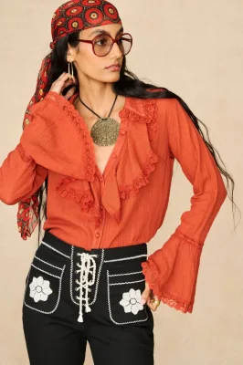 Storyteller Red Lace Trim Ruffle Blouse