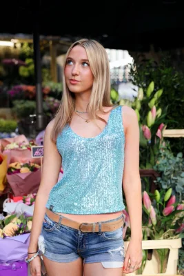 Rosa Sequin Vest Top - Pale Blue