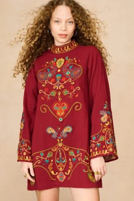 Willow Burgundy Folk Embroidered Mini Dress