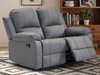 2 Seater Leather Recliner Sofa in Grey | Practical Manual Reclining Sofa with Fully Reclining Mechanism, Easy to Clean Leather & Compact Comfort | Trento