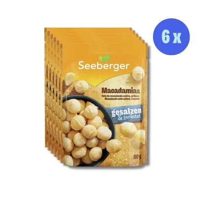 Seeberger Macadamia geröstet & gesalzen Multipack – 6 × 80 g, Premium Snack, reich an ungesättigten Fettsäuren