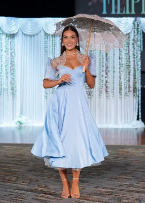 'Ella' Satin Midi Dress with Tulle Petticoat (Sky Blue)