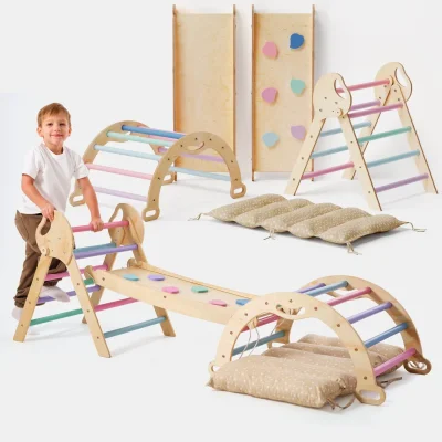 4in1 Montessori Climbing Set: Pikler Triangle, Arch, Slide Board, and Cushion for Toddlers (1–3 Years) - Pastel