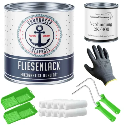 Fliesenfarbe im Komplett-Set für Fliesen streichen: Fliesenlack inkl. Farbroller & Verdünnung
