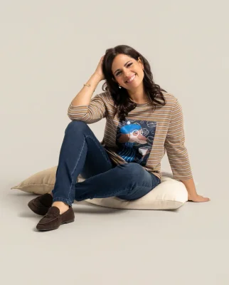 Camiseta De Rayas Con Estampado En Delantero  Camel