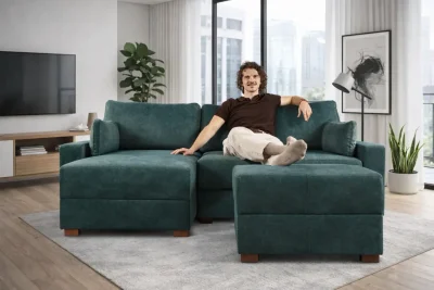 Mocca King Size Corner Sofa Bed in Marble Velvet Pine Grove + Storage Footstool 72cm x 50cm