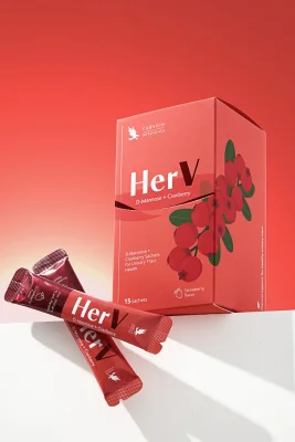 Her V, bevanda con D-mannosio e mirtillo rosso, integratore alimentare con edulcorante