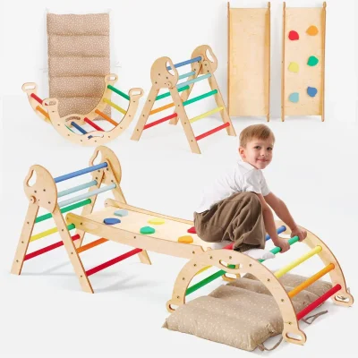 4in1 Montessori Climbing Set: Pikler Triangle, Arch, Slide Board, and Cushion for Toddlers (1–3 Years) - Rainbow