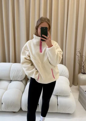 Contrast Cosy Quarter Zip Oversized Breastfeeding Fleece - White/Pink