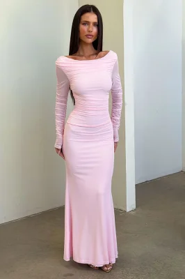 Rowan Long Sleeve Mesh Maxi Dress - Rosa Claro