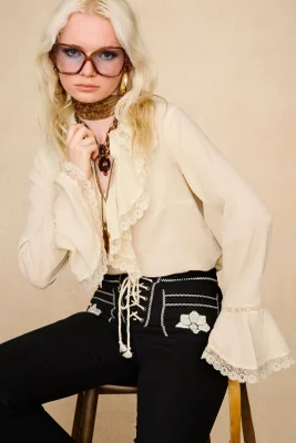 Storyteller Cream Lace Trim Ruffle Blouse