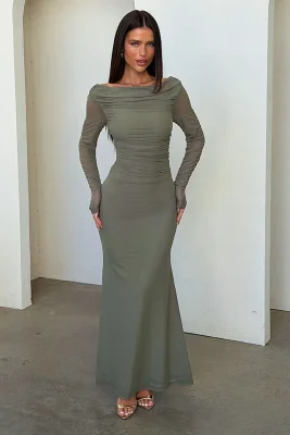 Rowan Long Sleeve Mesh Maxi Dress - Caqui