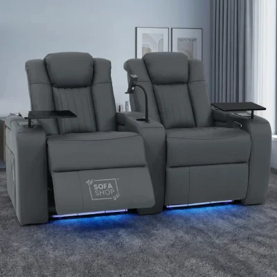 2 Seater Cinema Sofa in Grey Real Leather | Hi-Tech Console Couch with Massage & Heated Lumbar, Wireless Charging, Heat & Cool Cupholders, Bluetooth Speakers & Multi-Link | Capri | The Sofa Shop