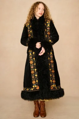 Rainbow Ladyland Black Embroidered Long Penny Lane Coat