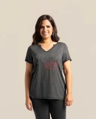 Camiseta Bordado Y Tachuelas En Frontal Gris Oscuro