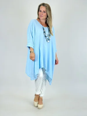 MADE IN ITALY | Cotton Vella V Neck Top |Linen Blue