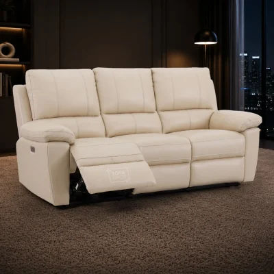 3 Seater Electric Recliner Sofa In Cream Real Leather | Power Recliner With Drop-Down Table & USB+C Charging | Comfortable & Family-Friendly Sofa | Trento | The Sofa Shop