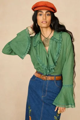 Storyteller Green Lace Trim Ruffle Blouse