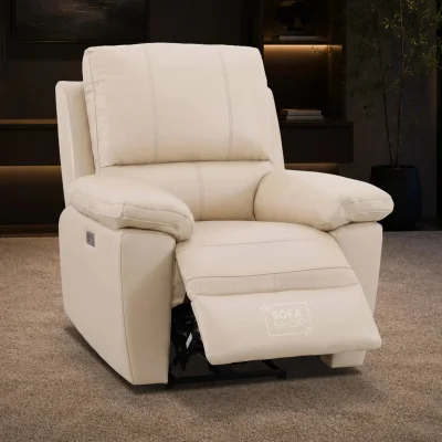 1 Seater Electric Recliner Chair In Cream Real Leather | Hi-Tech Armchair With Power Recline, USB-C Charging, Padded Armrests, Lower Back Cushioning, Wall Hugging Design | Trento | The Sofa Shop