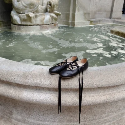 Tilly - Black Leather Ribbon Tie Ballerinas