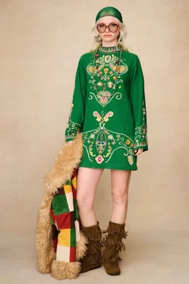 Willow Green Folk Embroidered Mini Dress