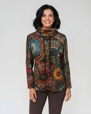 Sueter Estampada Con Cuello Buche Ajustable  Marrón