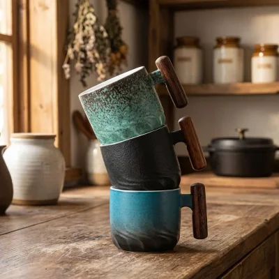 Vintage Espresso Cups With Wooden Handle