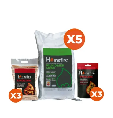Kiln Dried Logs and Kindling Bundle (x5 Handy Bags, x3 Twizlers, x3 Kindling)
